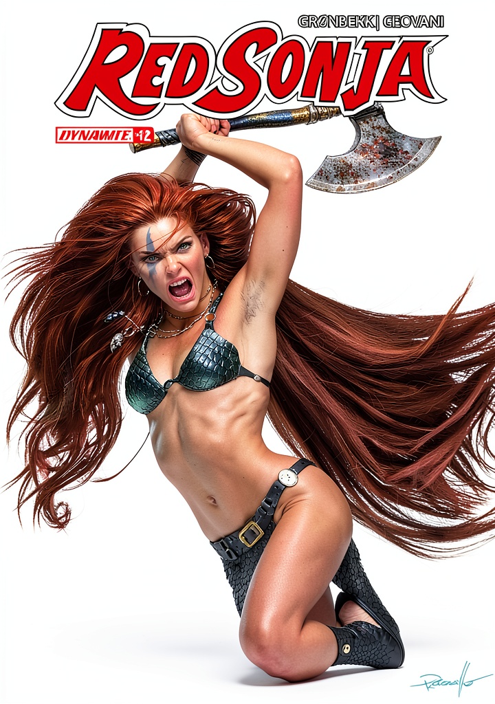 Installing Red Sonja Epic Fantasy Comic Book by Dynamite Entertainment on a wooden desk